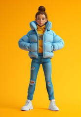 Fototapeta premium Confident beautiful brunette teenager, both hands in pockets, wears blue puffer jacket and jeans, yellow hoodie, white winter shoes, isolated on orange backdrop