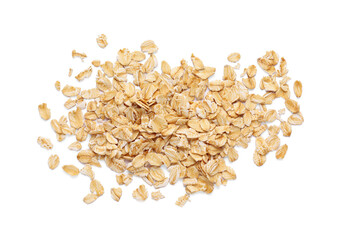 Pile of rolled oats isolated on white, top view