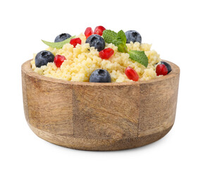Bowl of tasty couscous with blueberries, pomegranate and mint isolated on white
