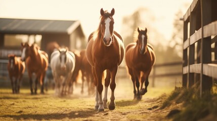 The endless rows of stables and abundant grazing land make this horse rearing and training locale a paradise for both animals and riders alike. - obrazy, fototapety, plakaty