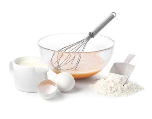 Making dough. Beaten eggs, metal whisk in bowl, flour and milk isolated on white