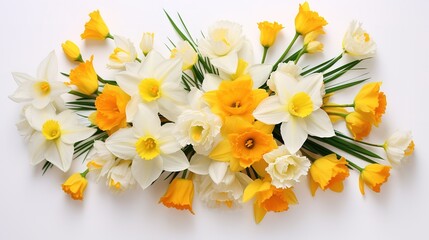 yellow tulips and white daffodils on a white background generative ai