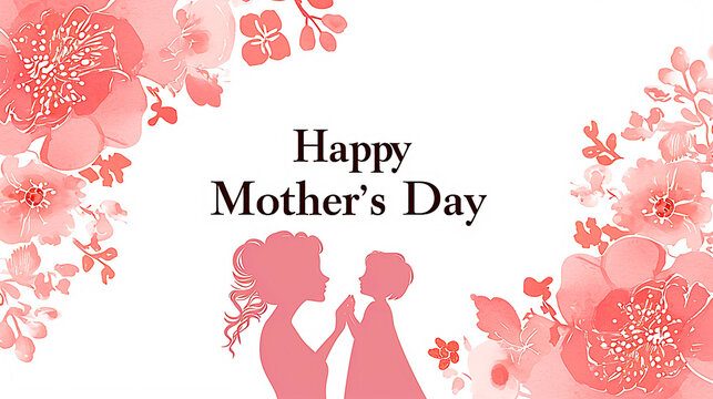 Mother's Day image of mother and daughter silhouette on pink flowers.