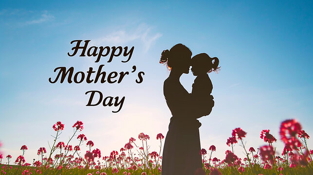 Mother's Day image of flowers and silhouette of mother and daughter.