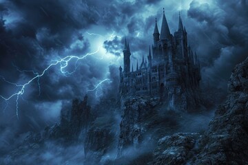 A haunted castle with ominous clouds and lightning in the background Creepy view of dark mystery castle Gothic castle at night - obrazy, fototapety, plakaty