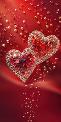 Crystal hearts on red background