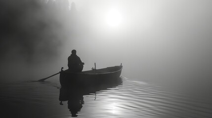 A man boating in foggy and cold weather