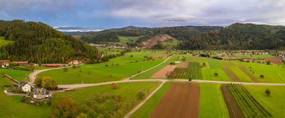 Aerial view of fields and rolling hills panoramic view in Black forest, Germany.