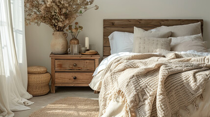 interior showing farmhouse comfortable bedroom in soft cream and brown with natural textures, wood, and bedding with no people 