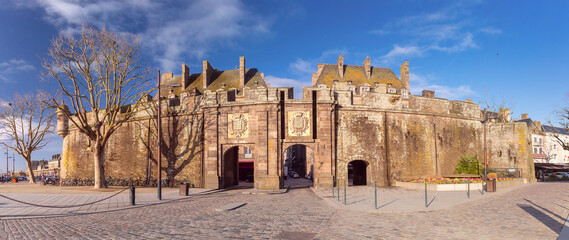 Old Town of walled city Intra-Muros in Saint-Malo, also known as city corsaire, Brittany, France - obrazy, fototapety, plakaty