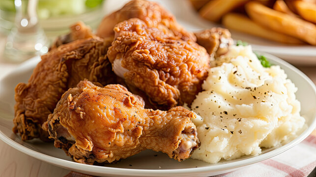 plate of fried chicken and mashed potatoes sprinkled with chives 