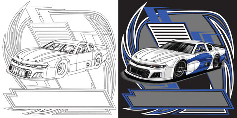Outline and painted racing car. Isolated in black background, for t-shirt design, print, and for business purposes.