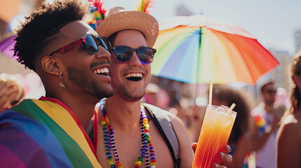 Pride parade celebration with cute smiling couple dressed in lots of rainbow colors 