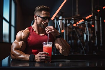 Muscular Athlete Enjoying a Post-Workout Protein Shake in Gym