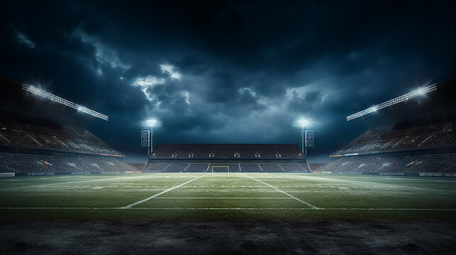 football field illuminated by stadium lights