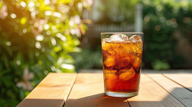 glass of ice tea sitting on outside table in shaft of sunlight with copy space and no people 