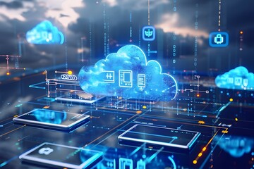 Digital illustration of cloud computing networks with glowing cloud icons and data flow pathways