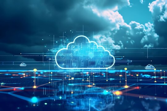 Digital illustration of cloud computing networks with glowing cloud icons and data flow pathways