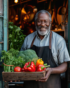 happy man holding container of large fresh vegetables in front of a storefront 