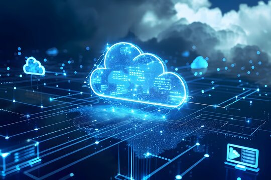 Digital illustration of cloud computing networks with glowing cloud icons and data flow pathways