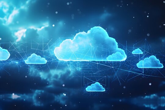 Digital illustration of cloud computing networks with glowing cloud icons and data flow pathways