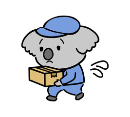 段ボールを運ぶ作業服を着たコアラのキャラクター
