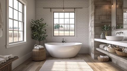 Fototapeta na wymiar modern farmhouse with natural Scandinavian design elements bathroom with large free standing tub