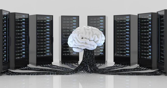 Artificial intelligence. Concept of digital brain being trained by thousands of data coming from servers. 3D animation.