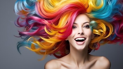 Beauty Model Girl with Colorful Rainbow Hairstyle, Girl with perfect Makeup and Hairstyle.