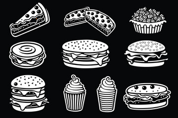 Set of black and white icons of fast food. Vector illustration.