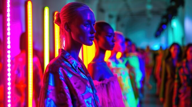 A sea of vibrant colors floods the fashion runway as models show off their neon ensembles - Powered by Adobe
