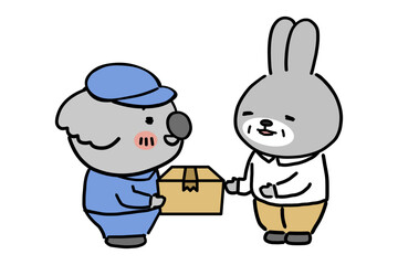 荷物を届けるコアラの配達員と受け取るウサギのキャラクター
