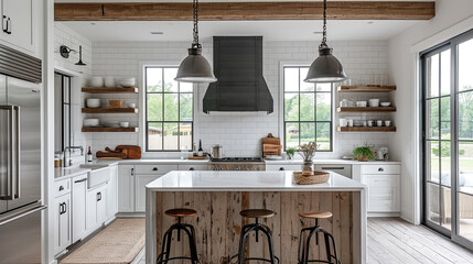 modern farmhouse with natural Scandinavian design elements of bright white open flow kitchen with large island