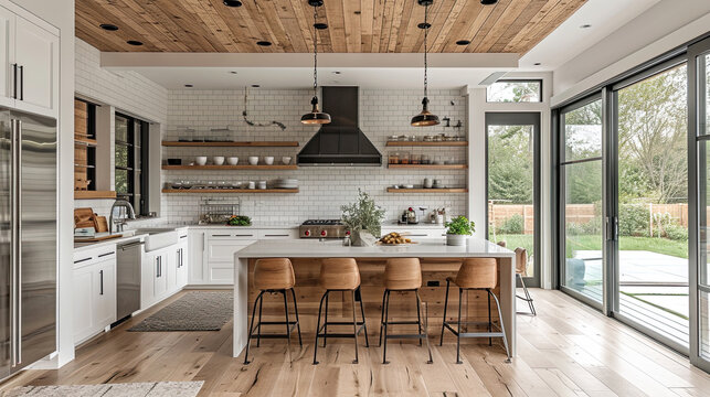 modern farmhouse with natural Scandinavian design elements of bright white open flow kitchen with large island