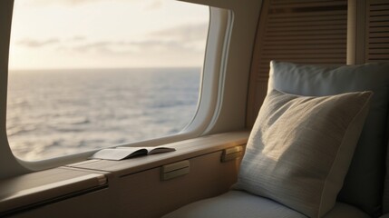 Experience the ultimate luxury in flight with a private reading nook featuring an uninterrupted view of the tranquil ocean horizon just beyond the planes window. - obrazy, fototapety, plakaty