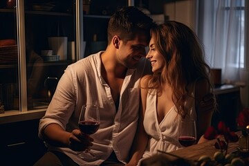 Romantic Couple Enjoying Wine and Intimate Moment in Dimly Lit Room