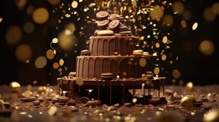 A meticulously staged shot unveils a delightful arrangement of chocolate gelt tered amidst tered, golden confetti, evoking a festive, joyous atmosphere thats almost palpable.