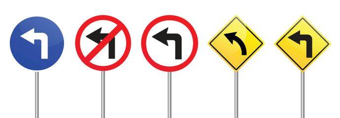 Turn left traffic sign collection vector illustration. Traffic Sign, Turn left ahead sign on white background. © Accountanz