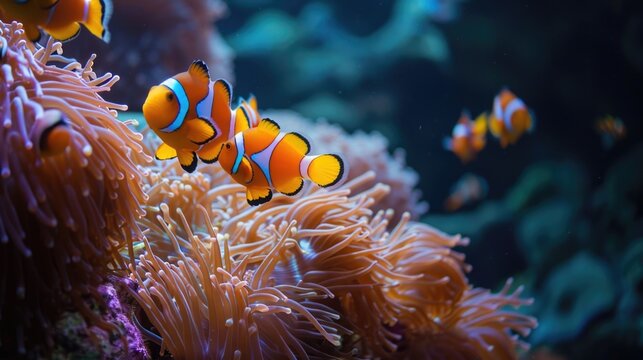 A colorful school of clownfish weaving in and out of a neon orange sea anemone just like in Finding Nemo