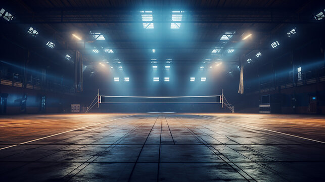 empty professional volleyball court in lights