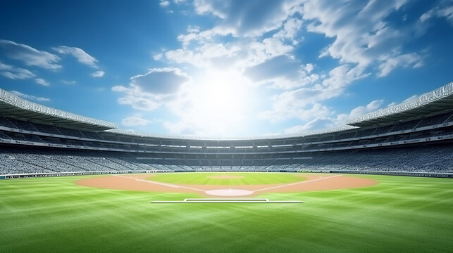 grand baseball stadium field diamond daylight view modern public sport building with blue sky