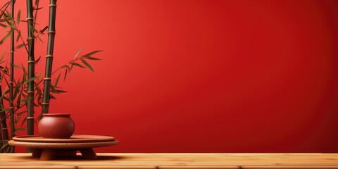 Chinese New Year themed mock-up for product display featuring an empty wooden table with a bamboo place mat on a red background.