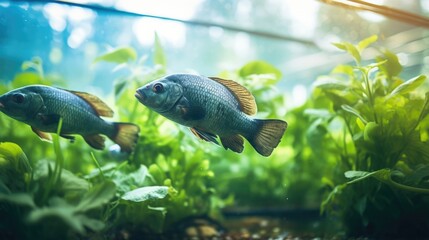 A closeup of a giant tank filled with tilapia and surrounded by lush greens, highlighting the efficient and sustainable od of combining fish and plant farming in a largescale aquaponics operation. - obrazy, fototapety, plakaty