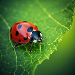 Fototapeta premium Ladybug on green leaf, macro shot, vibrant red and black spots, detailed texture, natural lighting, wildlife, entomology, single insect, sharp focus, leaf veins visible Red Beetle on Leaf
