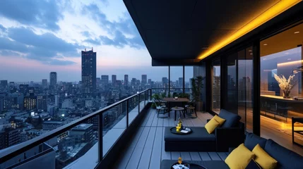 Foto op Aluminium Luxury apartment outdoor space, evening cityscape view, outdoor furniture with yellow cushions, interior lighting, apartment high-rise buildings, clear sky, dusk ambiance, urban setting, luxury  © Matthew