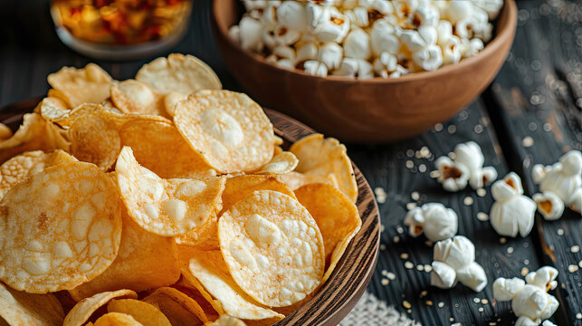 piles of golden potato chips and popcorn snacks in bowls and on table