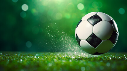 Naklejka premium soccer ball in goal with green background