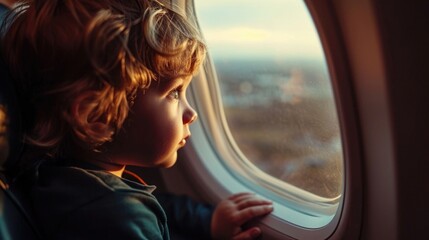 Amidst the tranquility of the private jet cabin, a child gazes out the window in awe, taking in the beauty of the natural landscape stretching as far as the eye can see. - obrazy, fototapety, plakaty