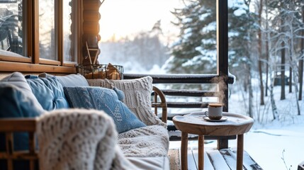 Winter Warmth on a Snowy Balcony, cozy porch overlooking a snowy landscape, adorned with soft blue and white cushions on wooden furniture, a steaming mug on the side table, clear winter morning light