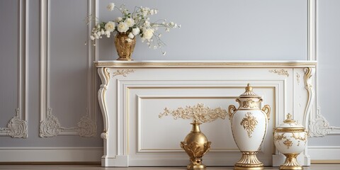 White elements, including a fireplace and a gold vase, in a classical interior.